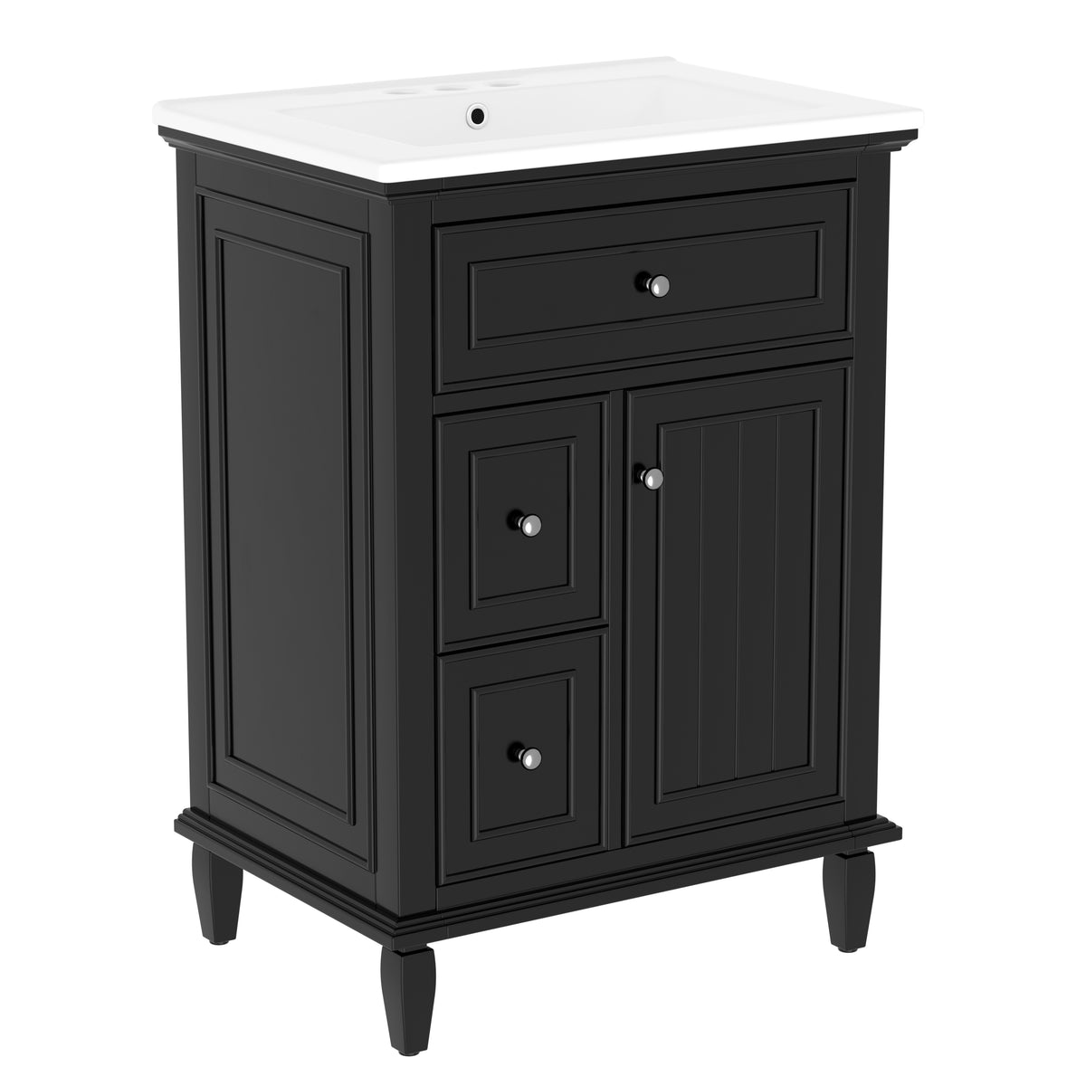 24" Black Bathroom Vanity with Sink, Flip Drawer & 2 Drawers