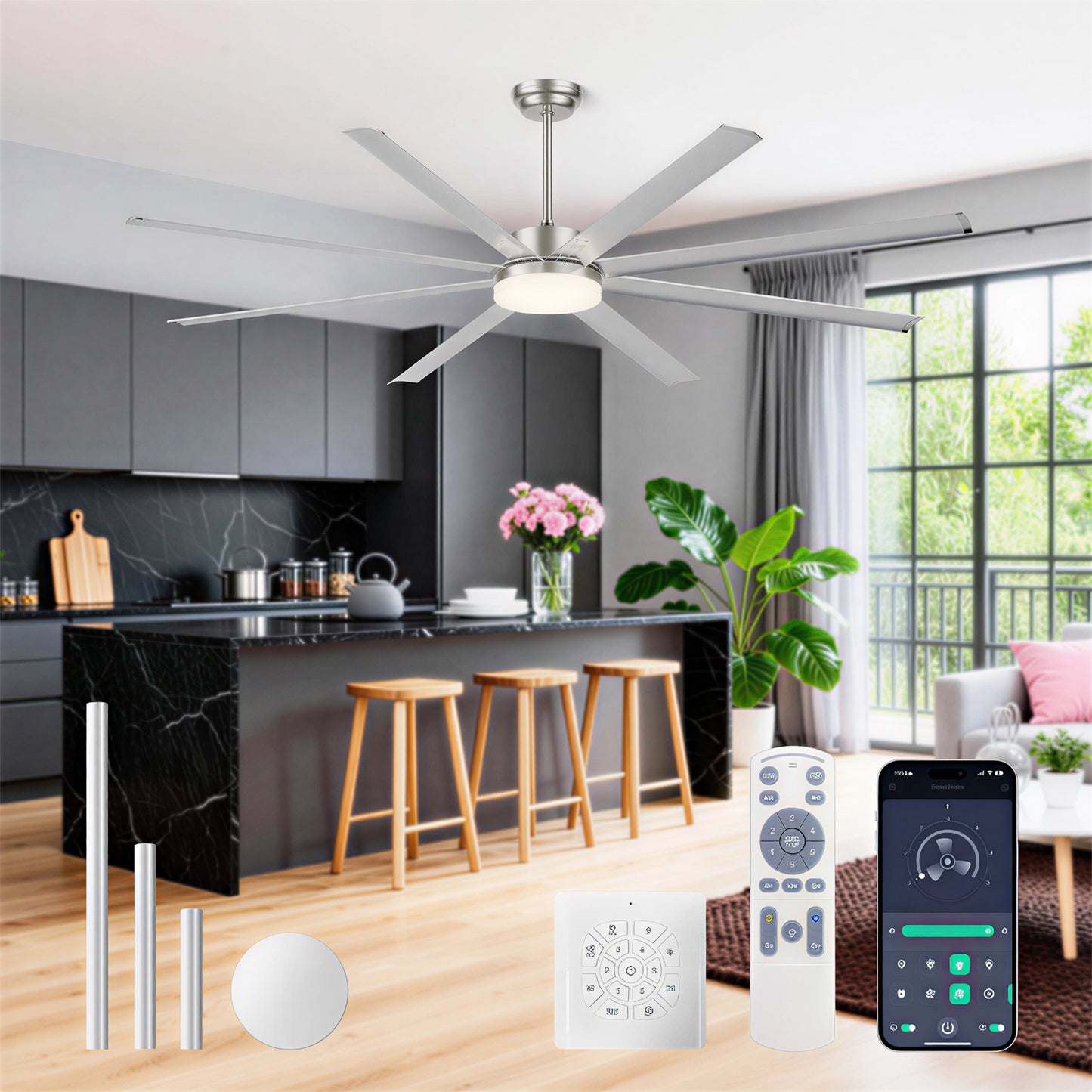 88" Silver Industrial Aluminum Ceiling Fan with Remote - view 3