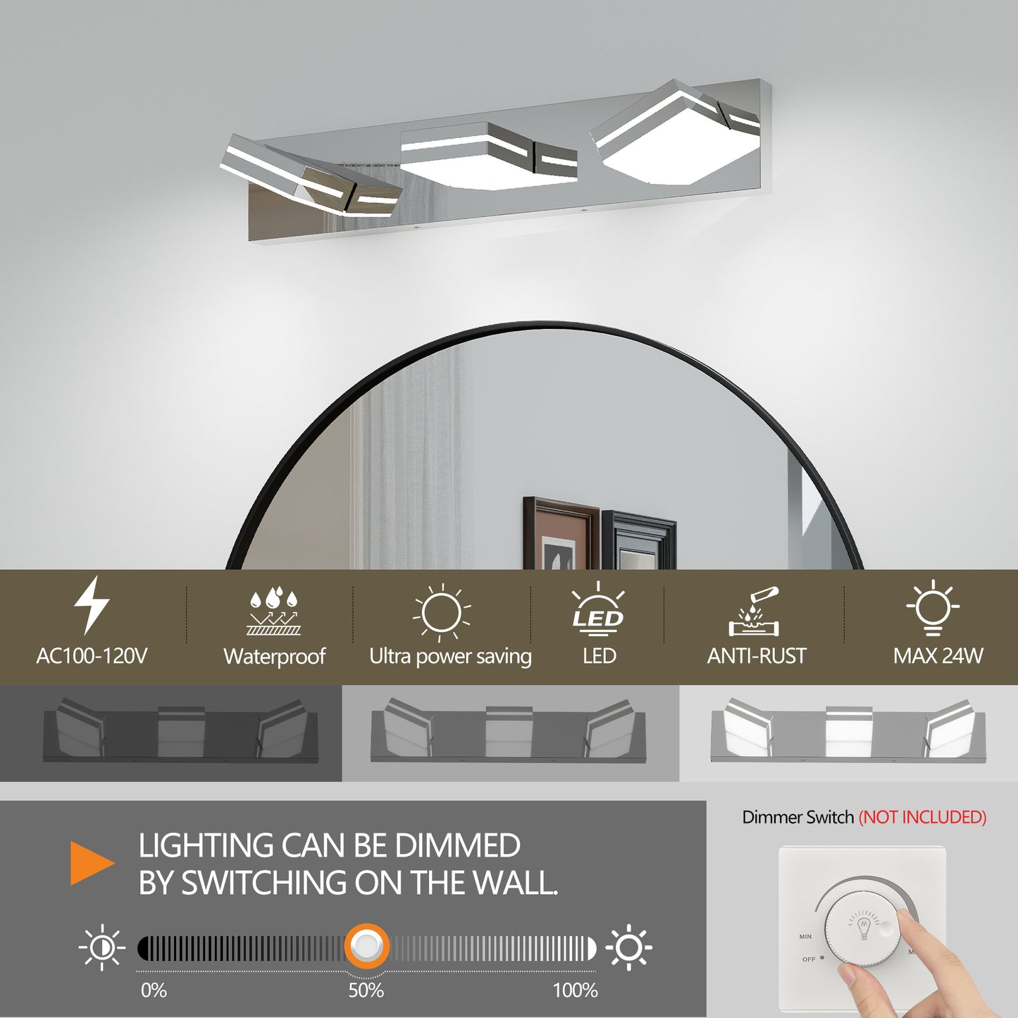 3-Light Chrome Minimalist LED Vanity Light - view 6