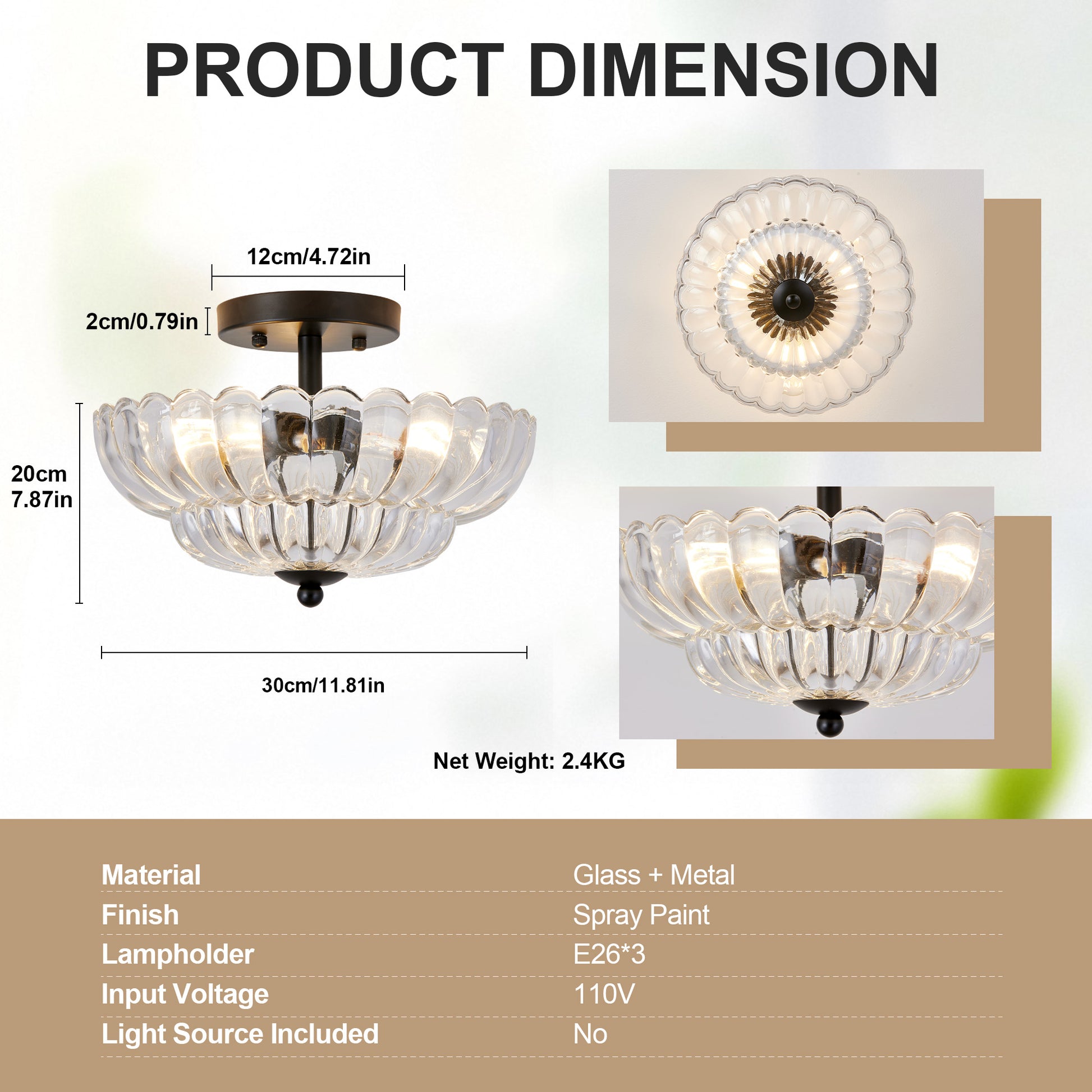 3-Light Black Smoky Gray Glass Semi Flush Mount Ceiling Light - view 7