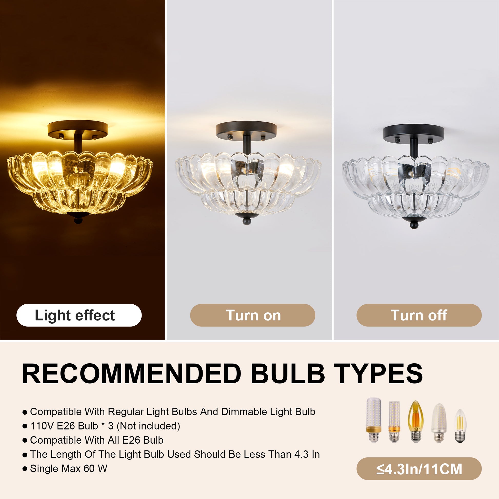 3-Light Black Smoky Gray Glass Semi Flush Mount Ceiling Light - view 5