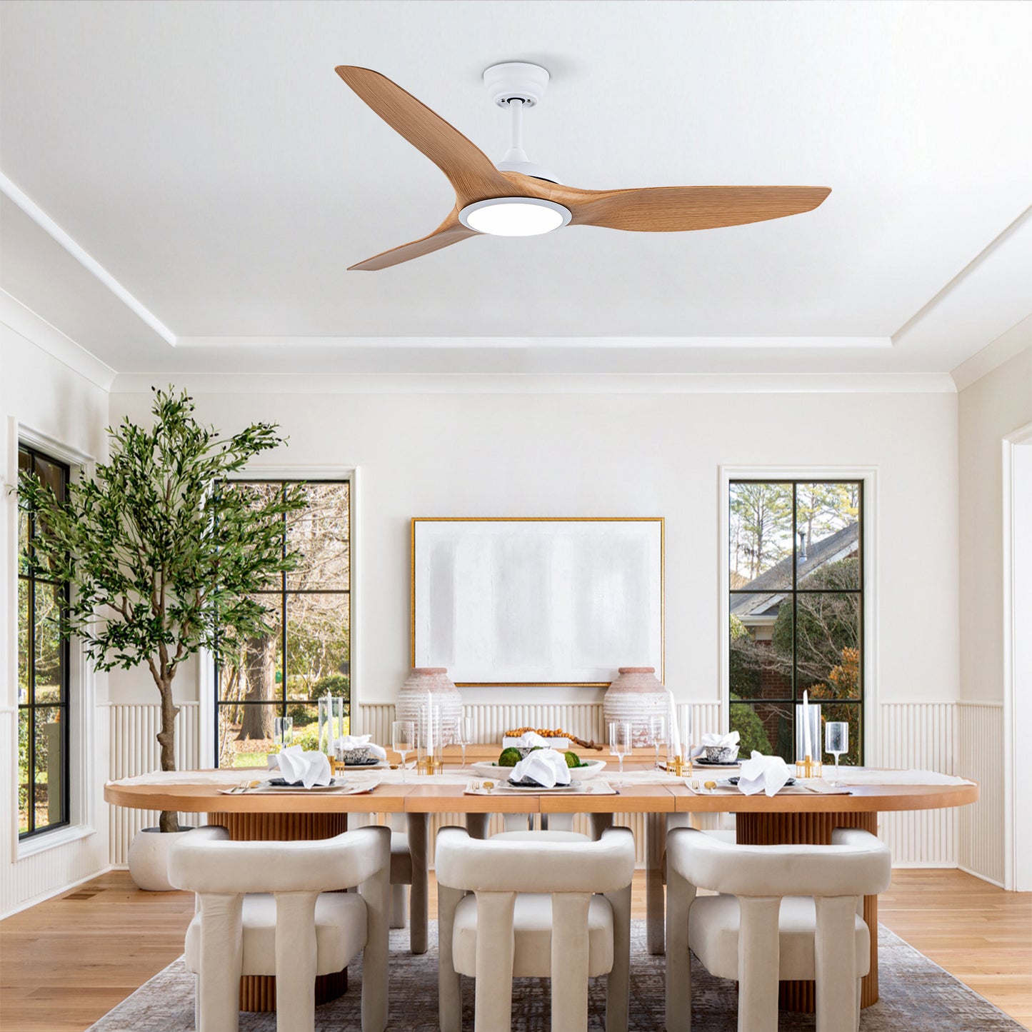52" Matte White & Natural Wood Ceiling Fan with Remote - view 5