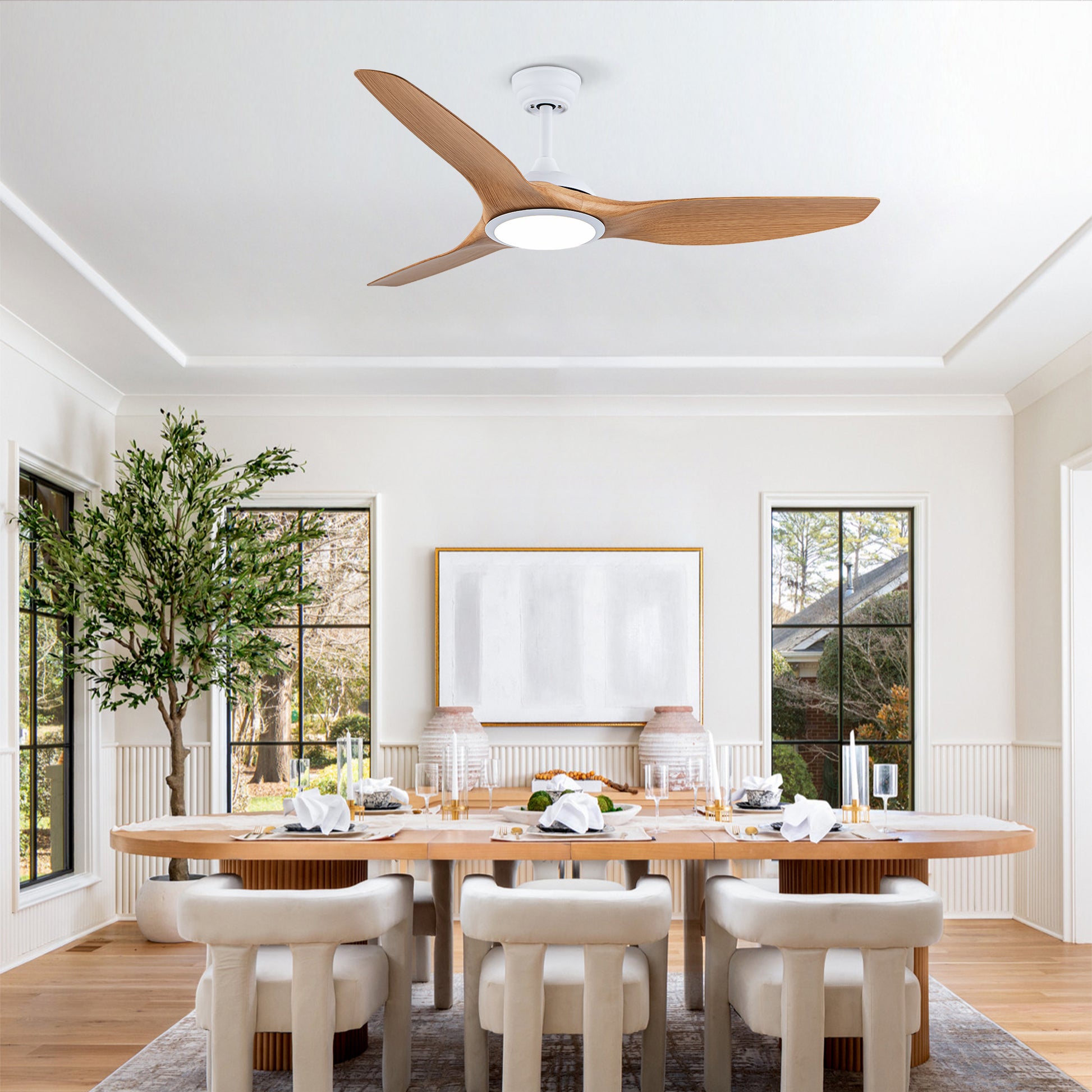 52" Matte White & Natural Wood Ceiling Fan with Remote - view 5