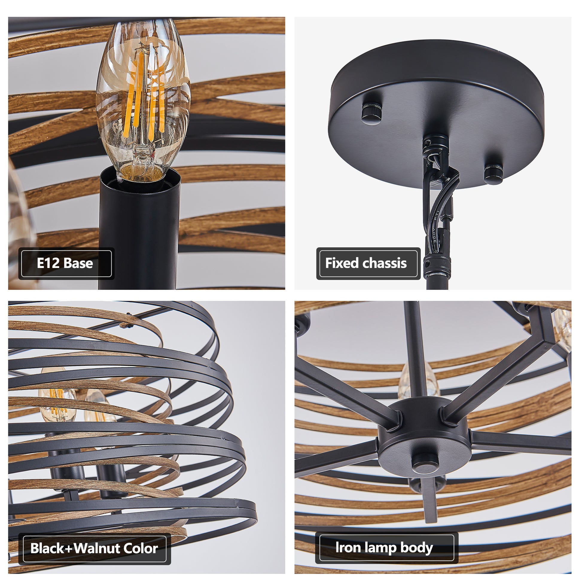 20" 5-Light Black and Walnut Industrial Cage Chandelier - view 6
