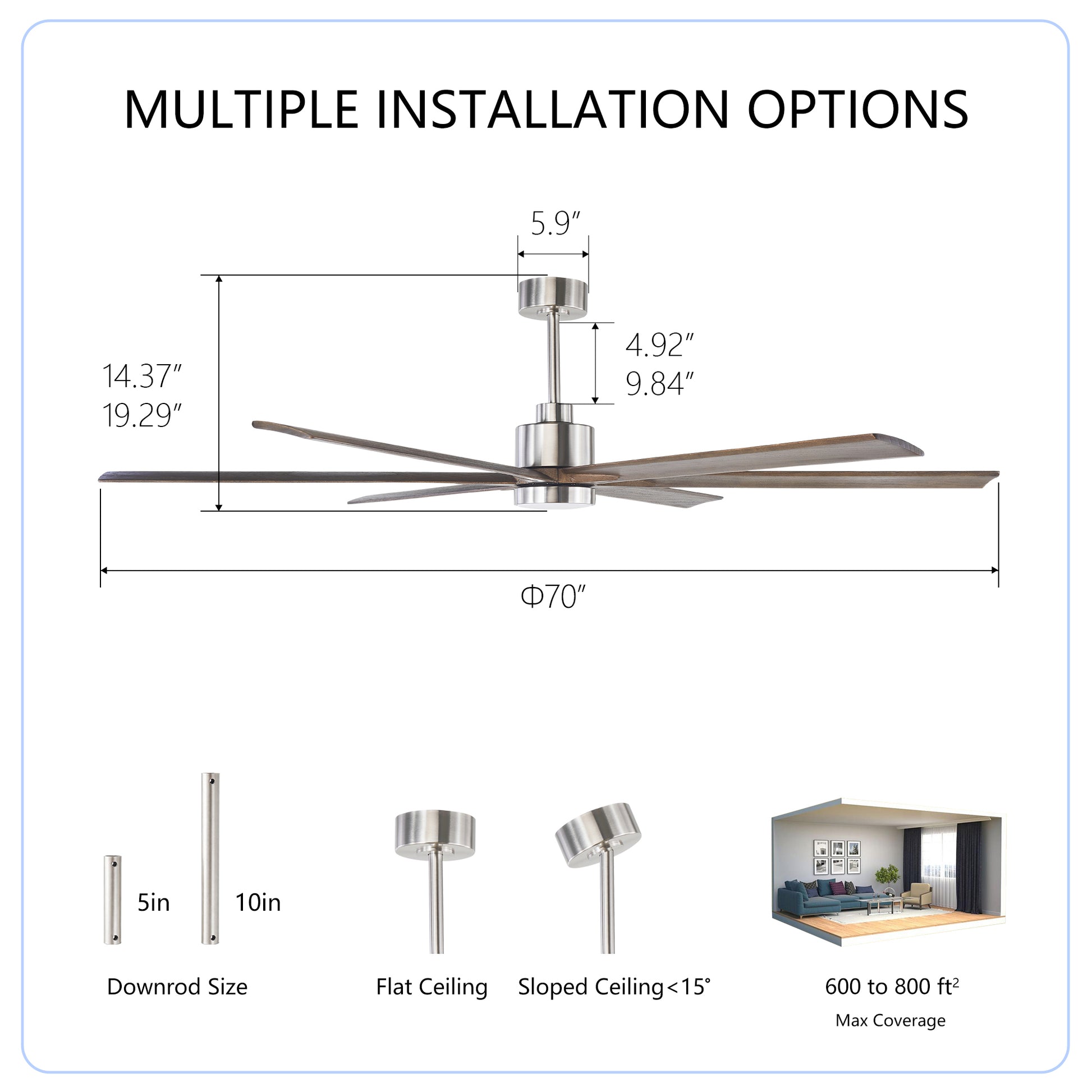 70" Nickel Finish Ceiling Fan with Light - view 6