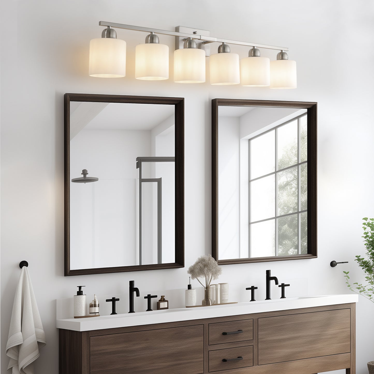 38" 6-Light Nickel Vanity Light with Milk Glass Shades