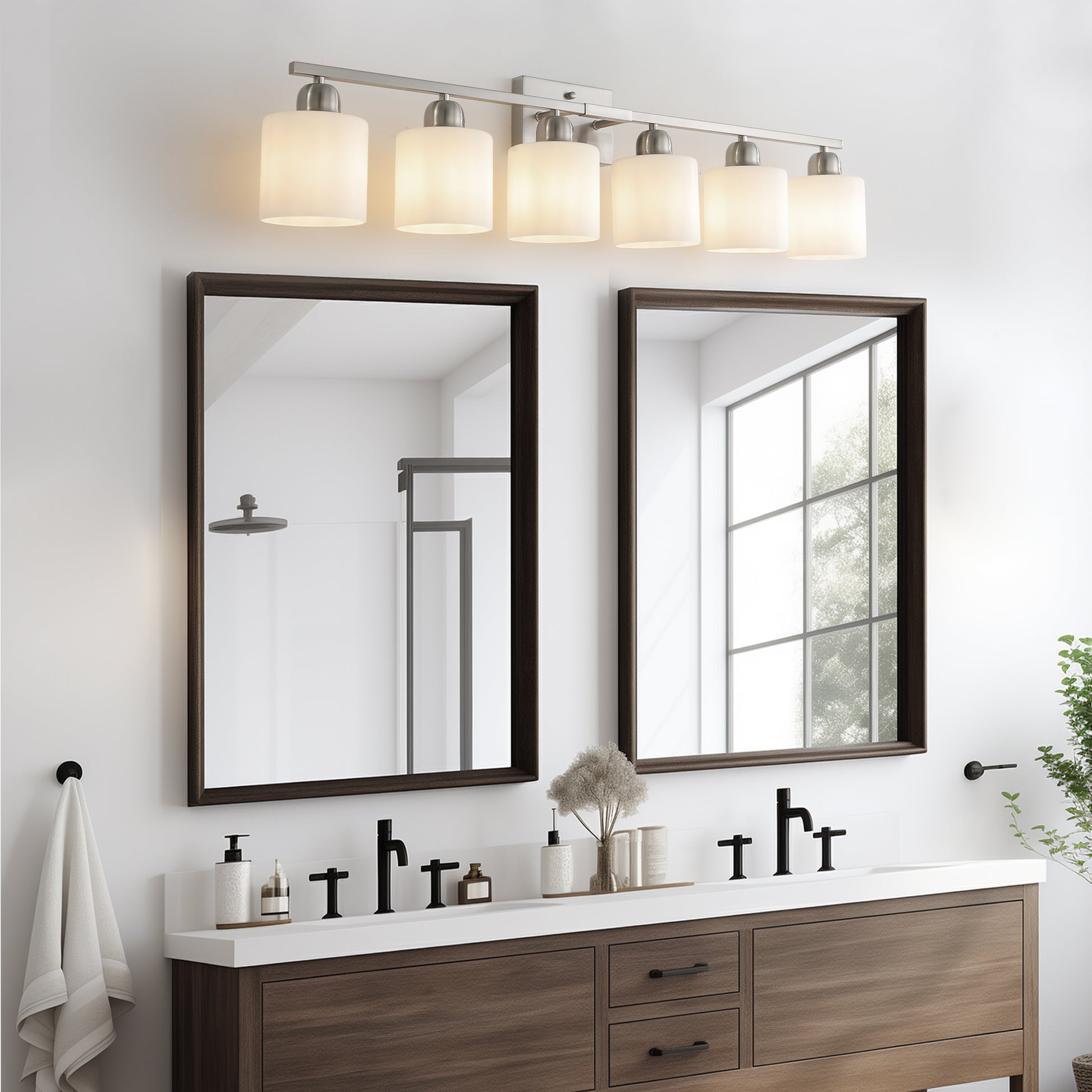 38" 6-Light Nickel Vanity Light with Milk Glass Shades