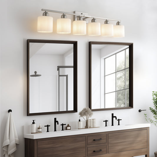 38" 6-Light Nickel Vanity Light with Milk Glass Shades