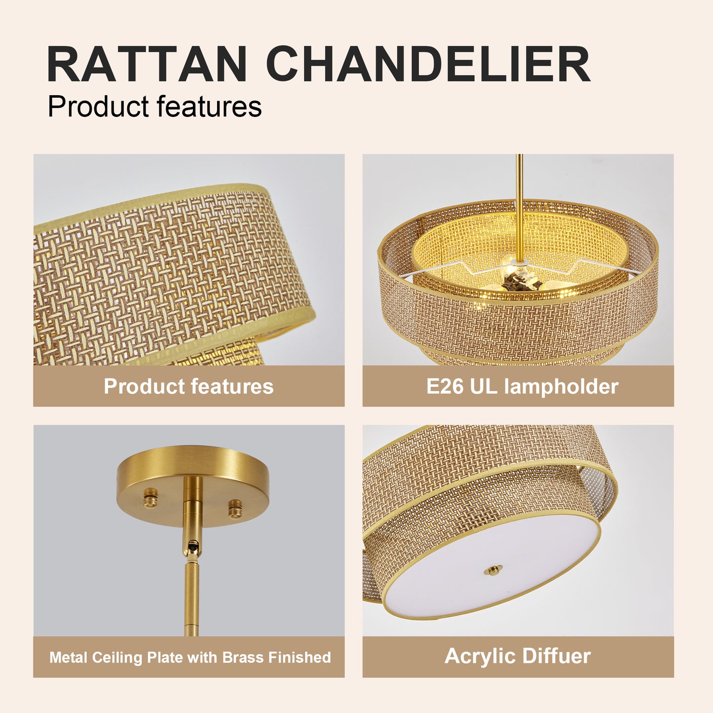 17.7" Gold Woven Rattan Semi Flush Mount Chandelier - view 5