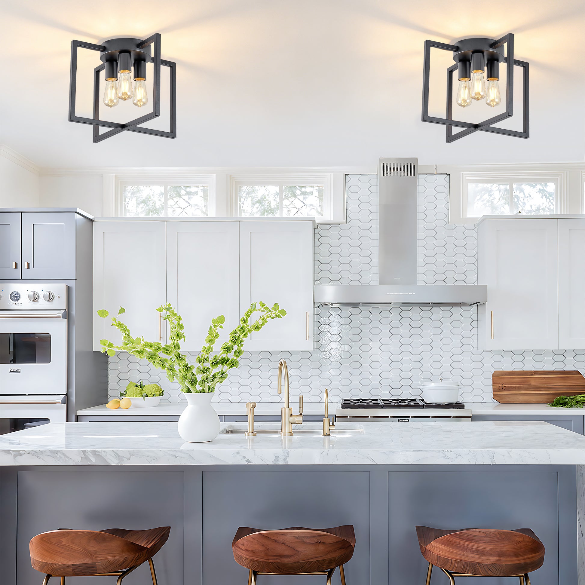 3-Light Black Geometric Farmhouse Semi-Flush Chandelier - view 2