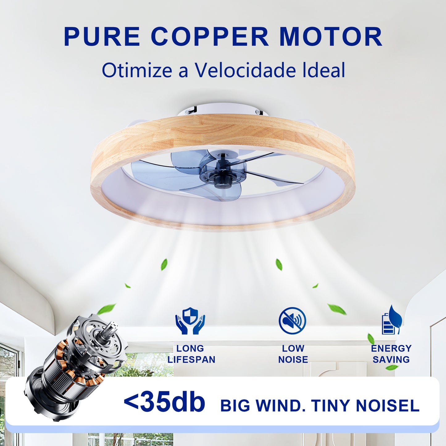 20" Wood & White Flush Mount Ceiling Fan with Dimmable LED - view 11