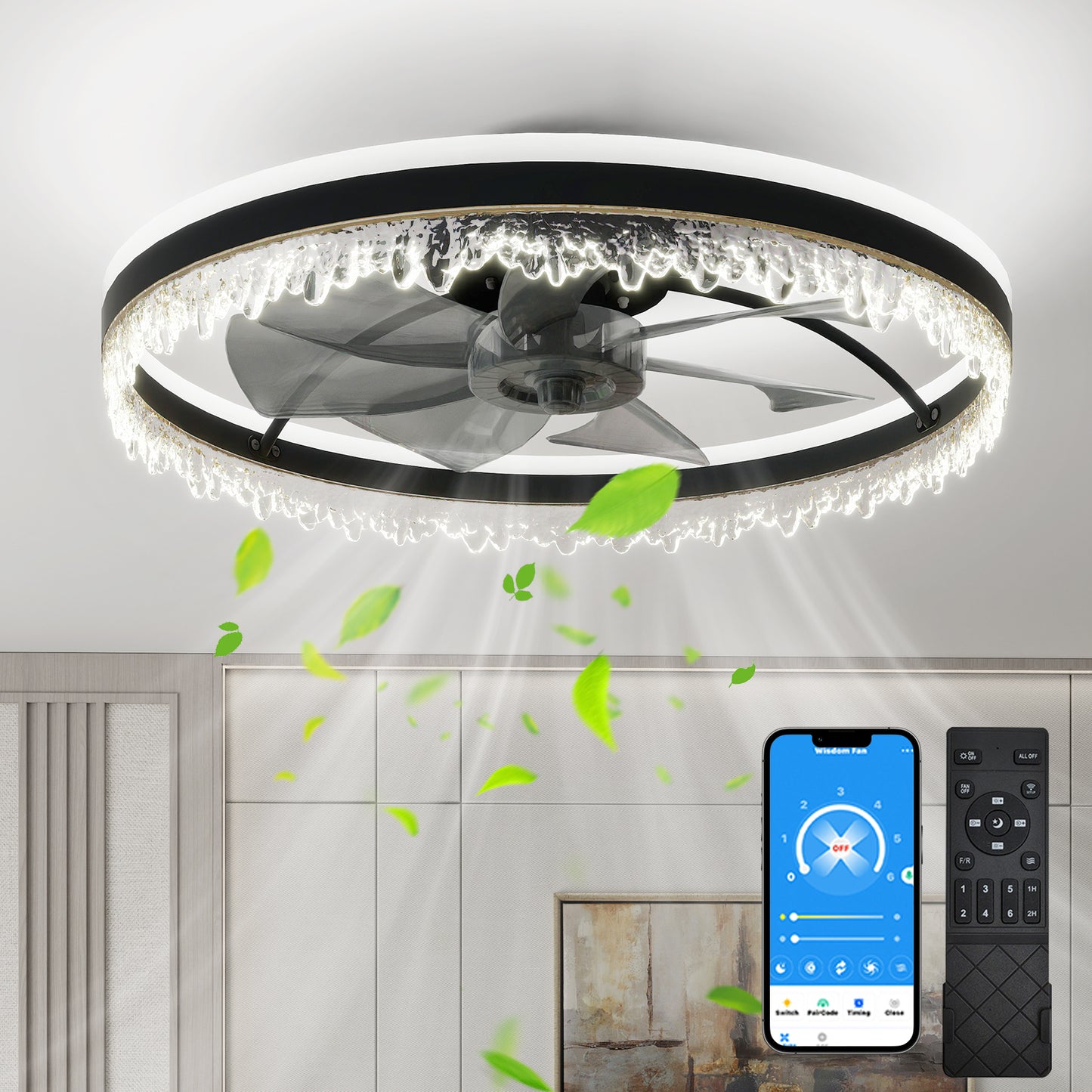 24" Black Crystal Invisible Blade Ceiling Fan with Remote