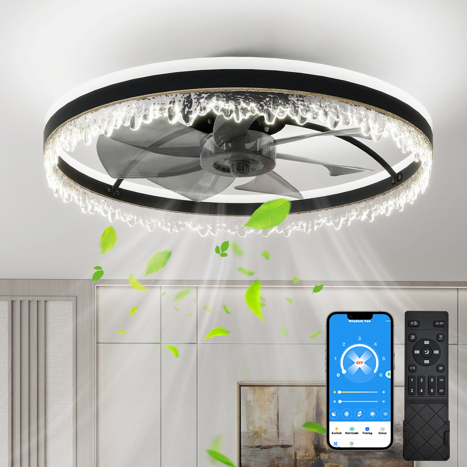 24" Black Crystal Invisible Blade Ceiling Fan with Remote