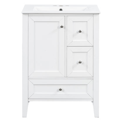 24" White Bathroom Vanity with Sink, 2 Drawers & Bottom Drawer