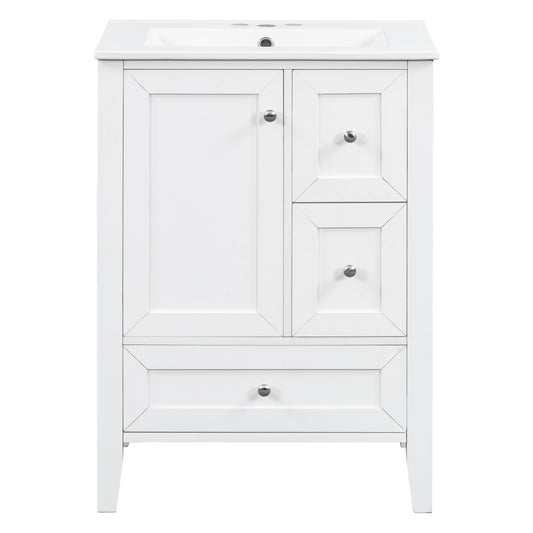24" White Bathroom Vanity with Sink, 2 Drawers & Bottom Drawer