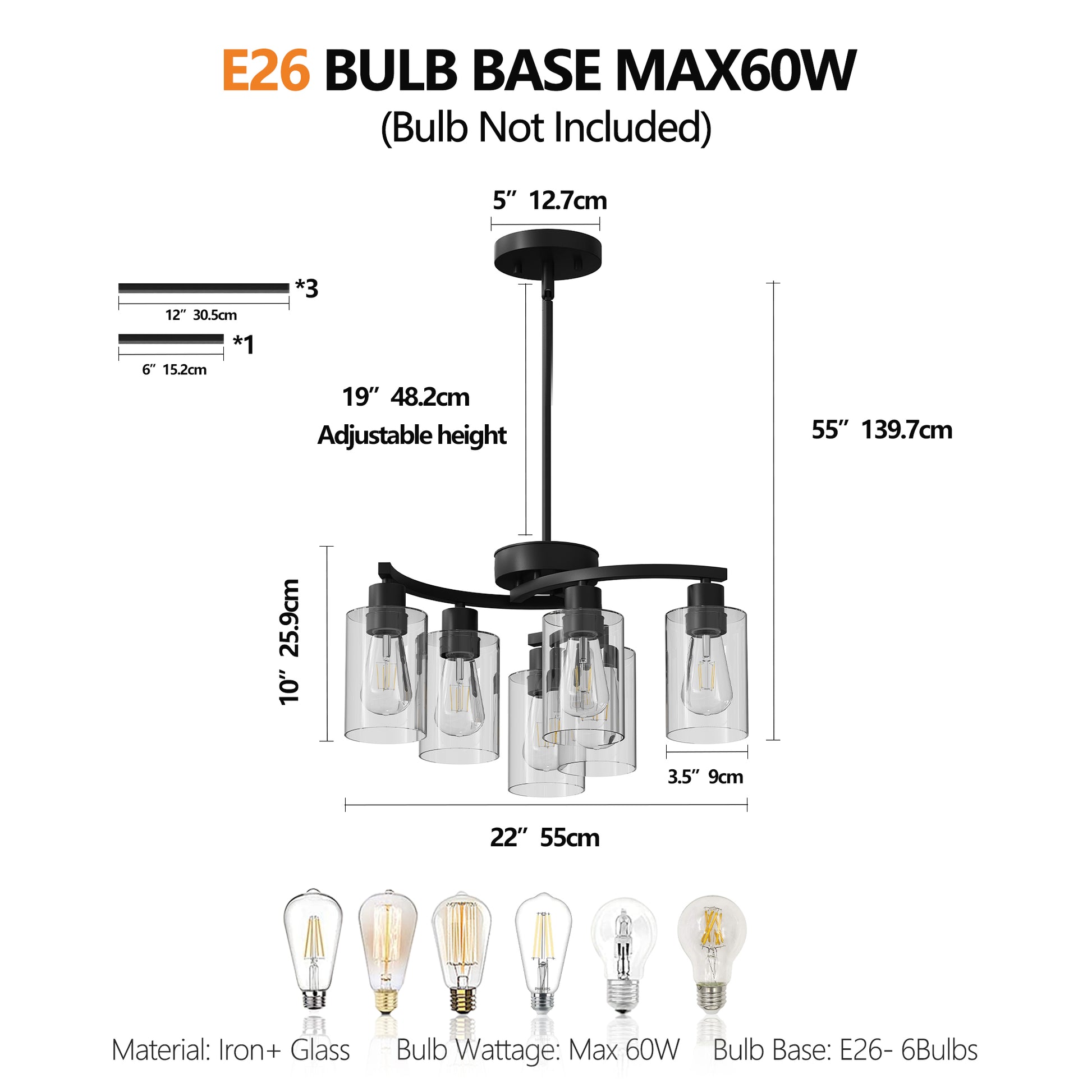 6-Light Black Farmhouse Chandelier with Clear Glass - view 7