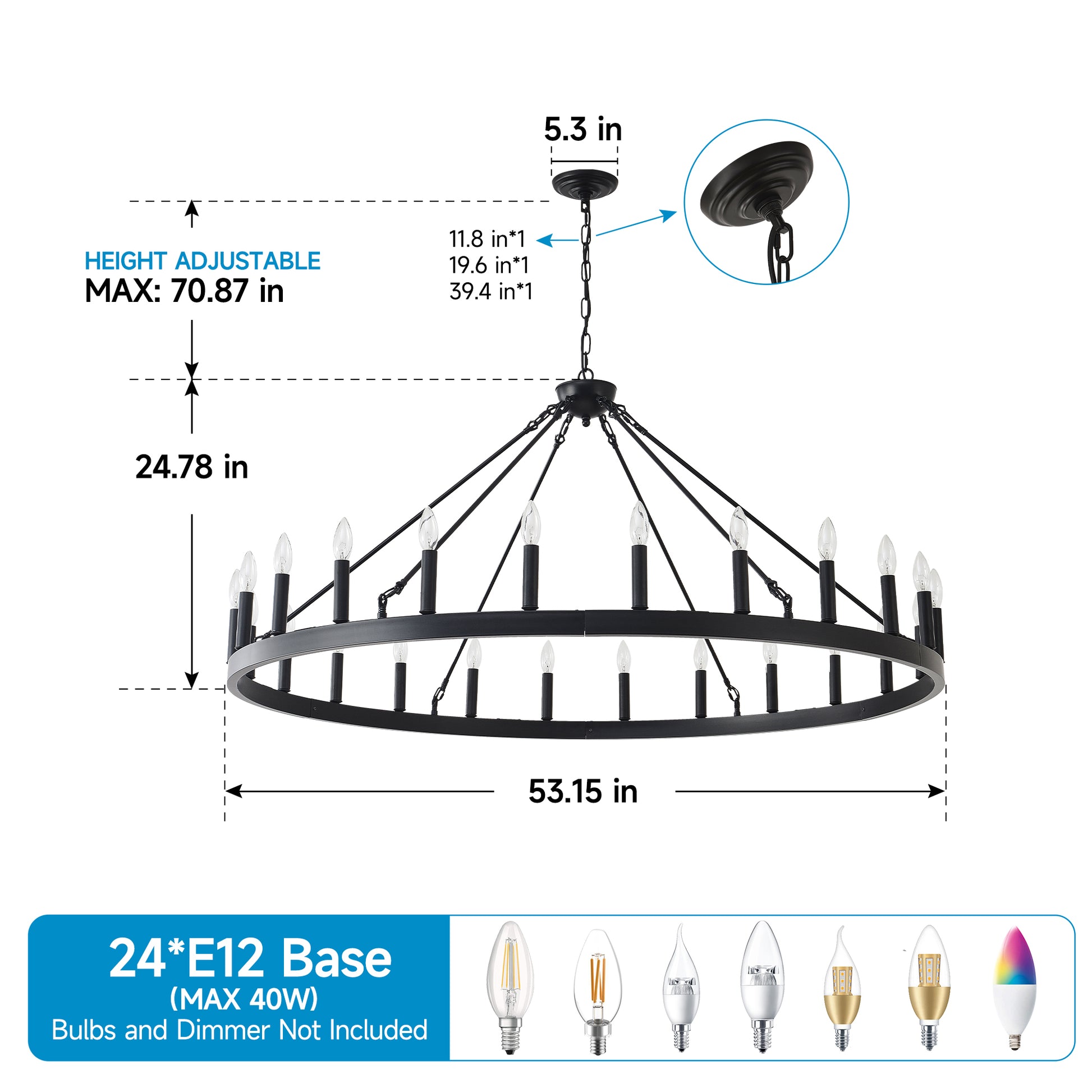 53" Matte Black Wagon Wheel Chandelier, 24-Light - view 8