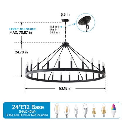 53" Matte Black Wagon Wheel Chandelier, 24-Light - view 8