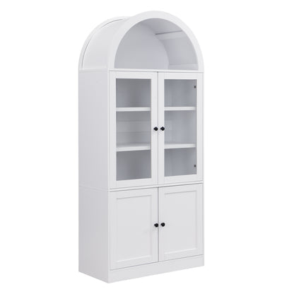 71" White Arched Storage Cabinet with Tempered Glass Doors
