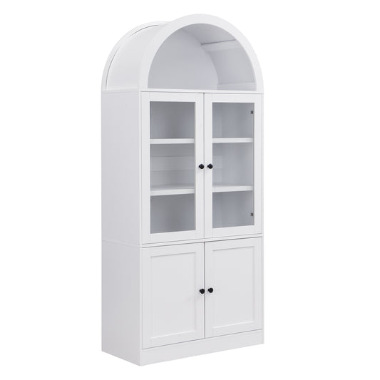 71" White Arched Storage Cabinet with Tempered Glass Doors
