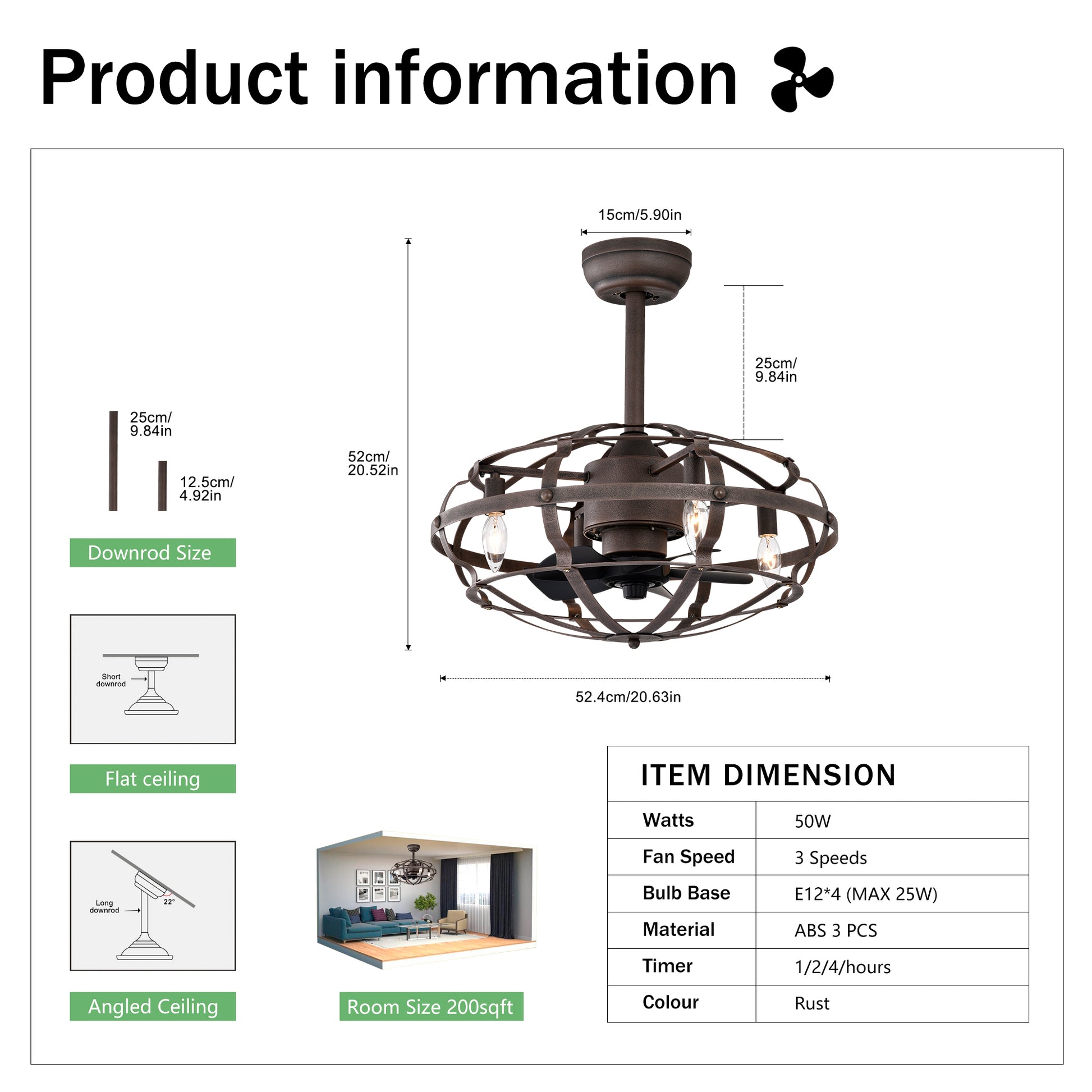20.63" Rust Red Caged Ceiling Fan with Remote - view 6