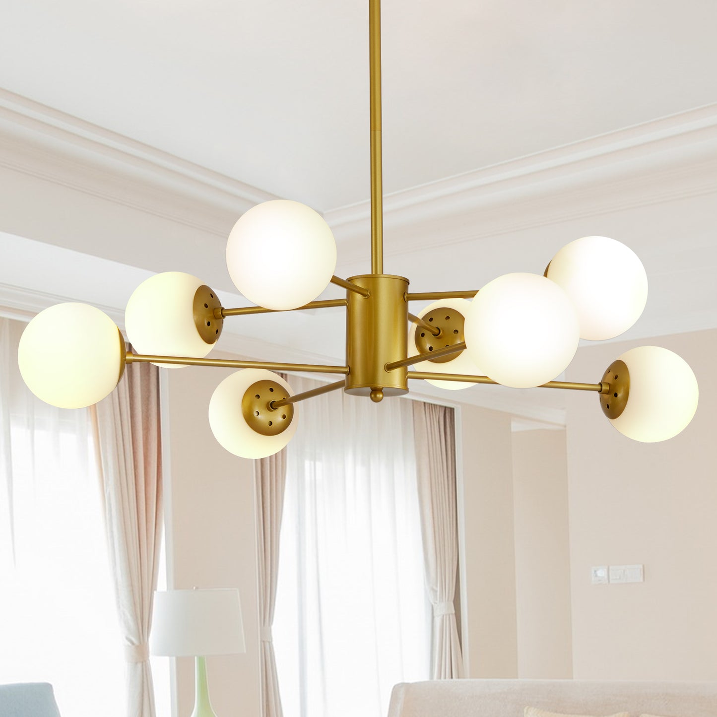 35" 8-Light Gold Mid-Century Chandelier with Glass Globes
