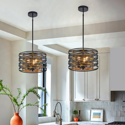 13" 3-Light Black & Walnut Caged Chandelier - view 8
