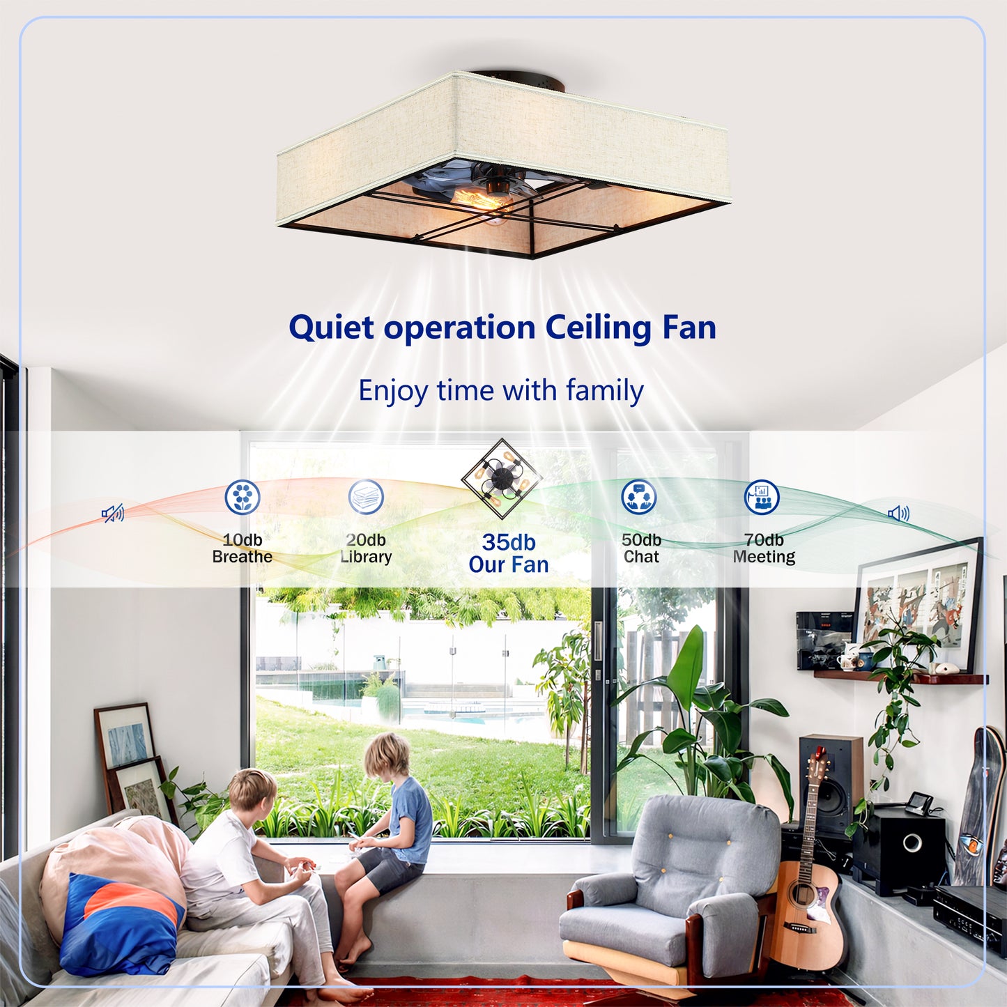 16.6" Square Fabric Farmhouse Flush Mount Ceiling Fan - view 13