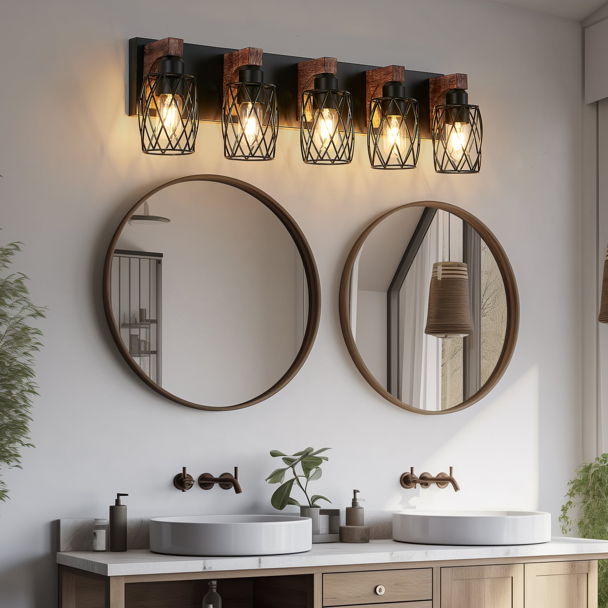 31" 5-Light Black Caged Wall Light with Wood Accents - view 2