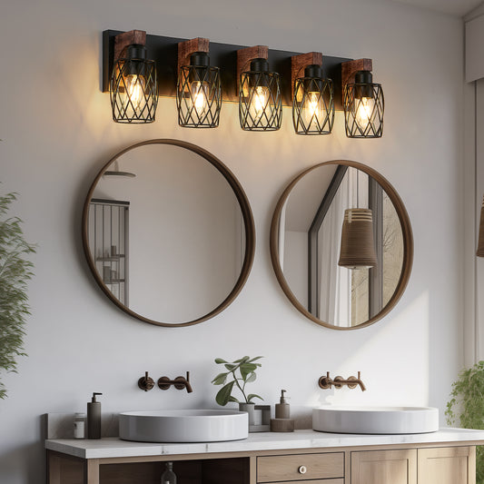 31" 5-Light Black Caged Wall Light with Wood Accents - view 2