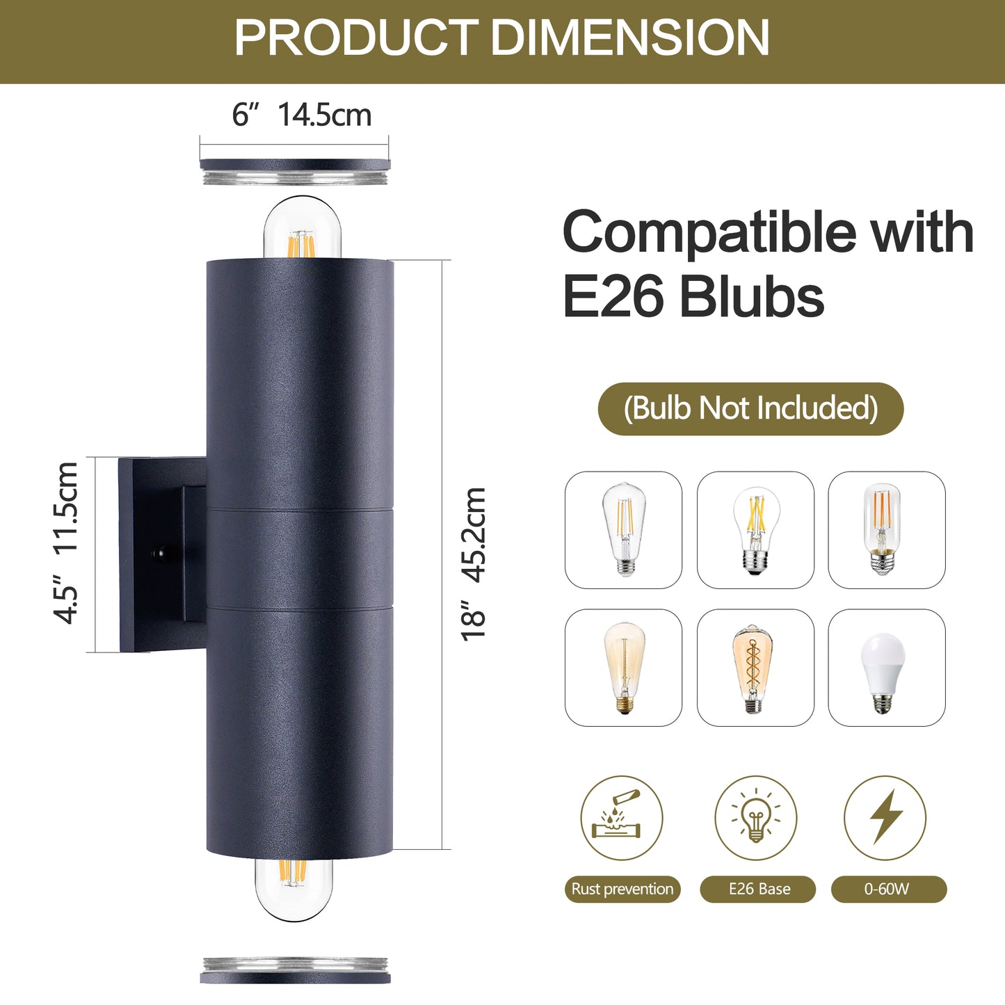 18" Matte Black Cylinder Outdoor Wall Light, Set of 2 - view 9