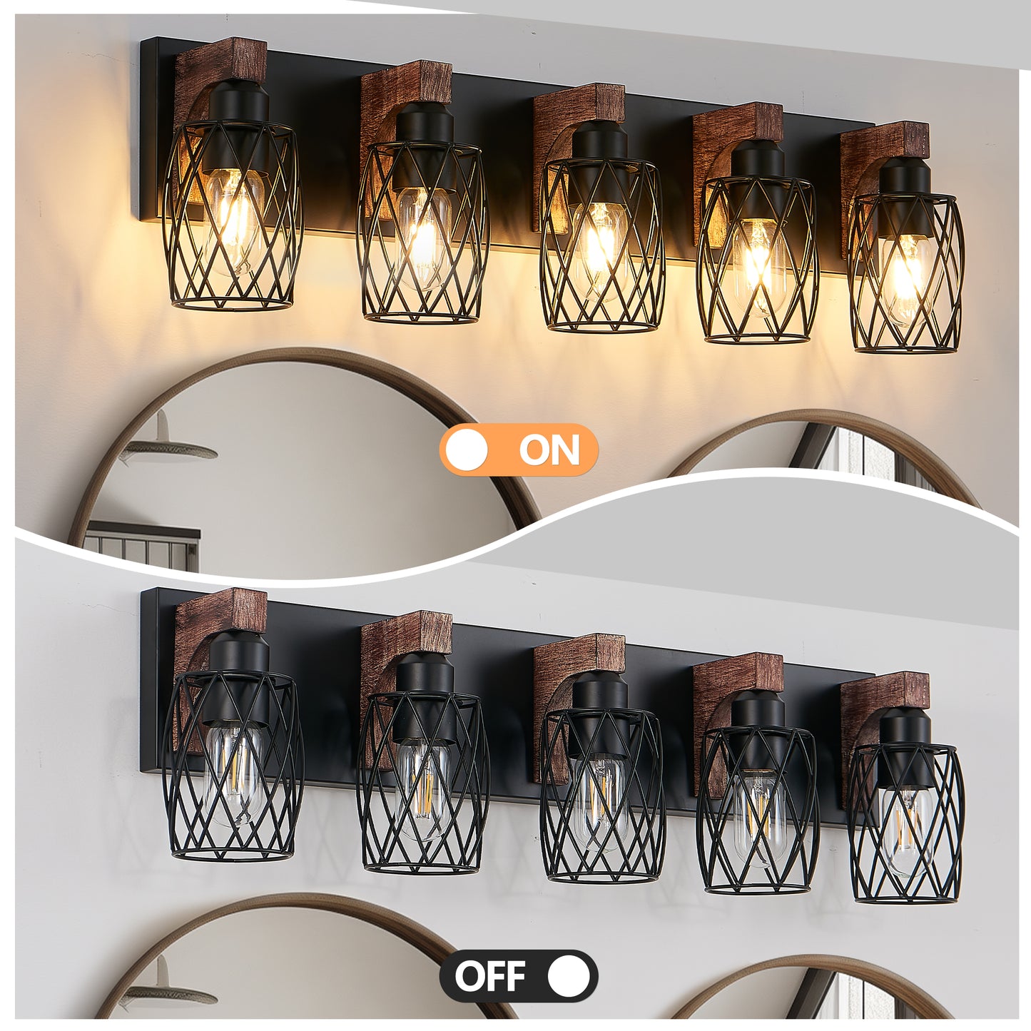 31" 5-Light Black Caged Wall Light with Wood Accents - view 7