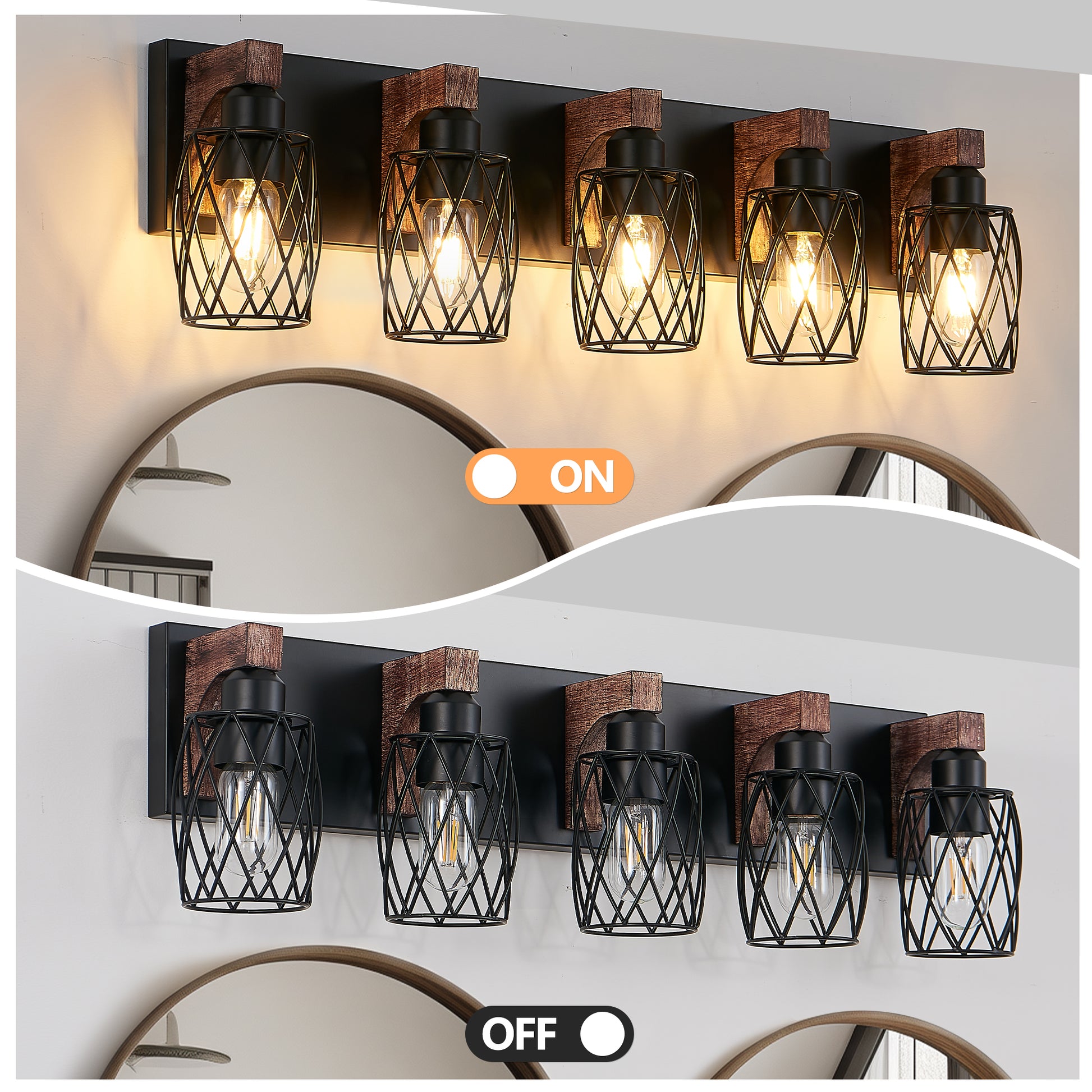 31" 5-Light Black Caged Wall Light with Wood Accents - view 7