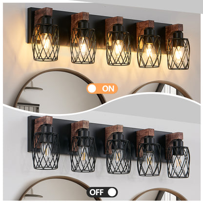 31" 5-Light Black Caged Wall Light with Wood Accents - view 7