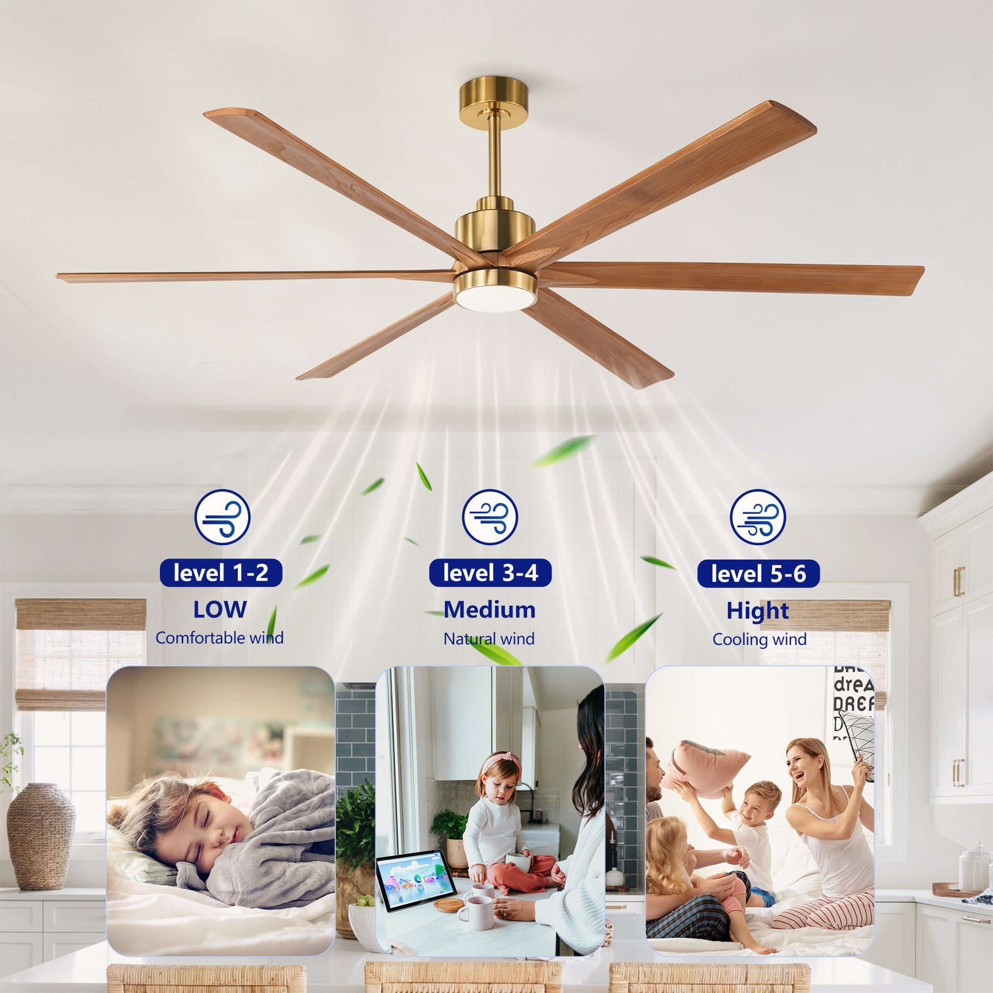 70" Gold & Walnut Solid Wood Ceiling Fan with Light - view 12