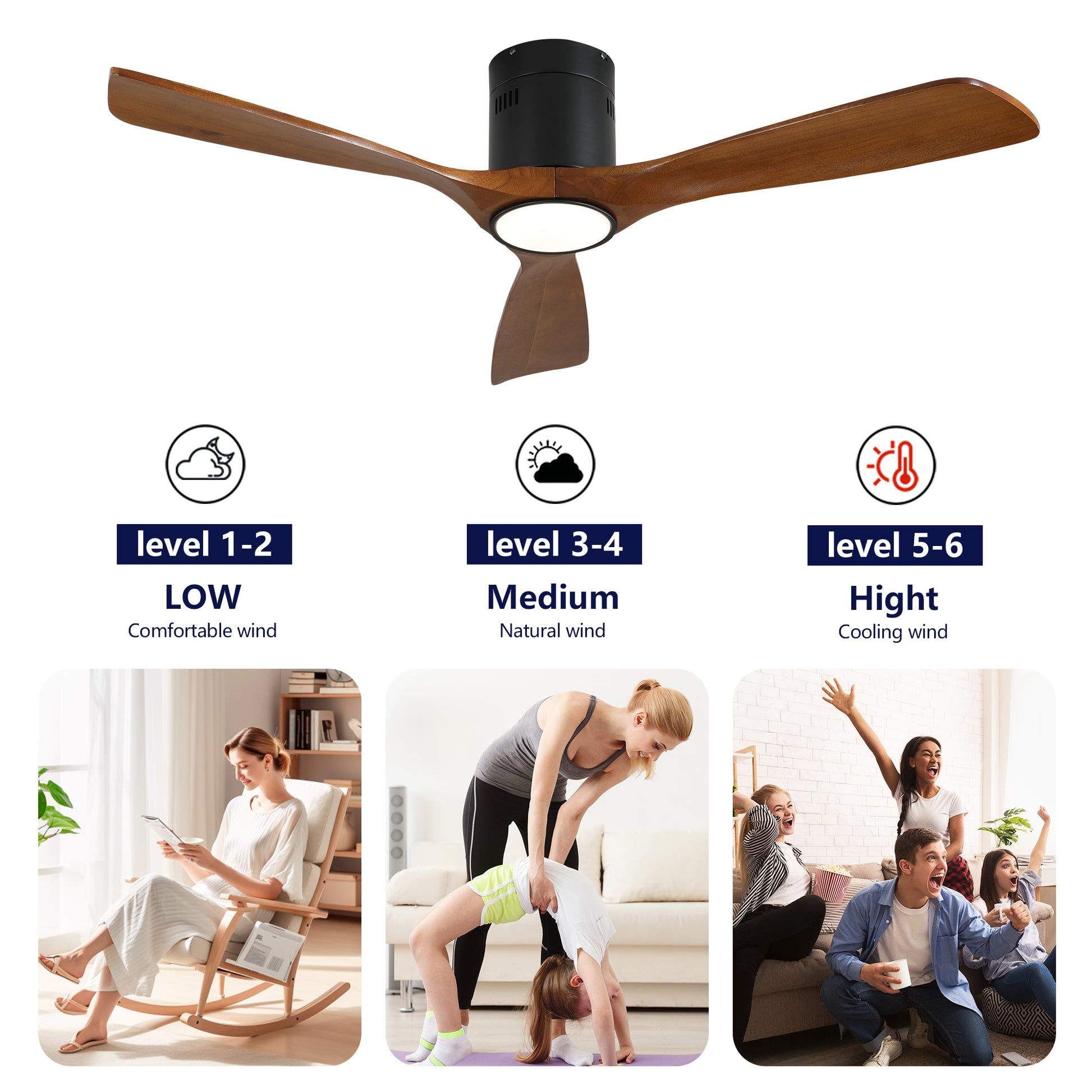 52" Matte Black & Wood Ceiling Fan with Dimmable LED - view 8