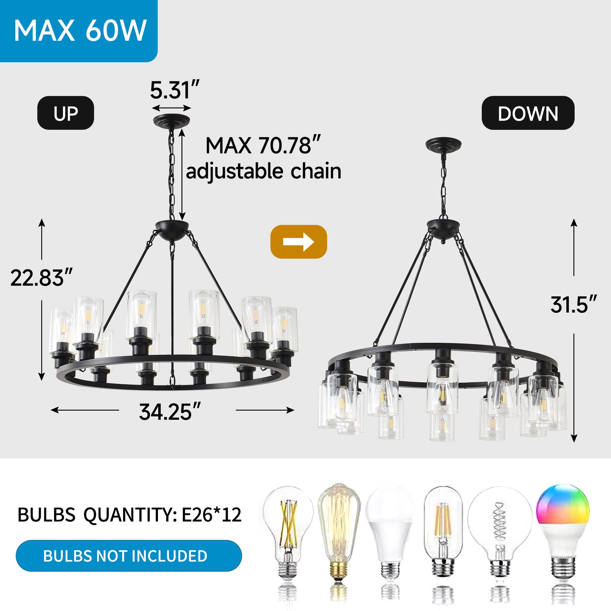 34.5" Black Wagon Wheel Farmhouse Chandelier, 12-Light - view 8