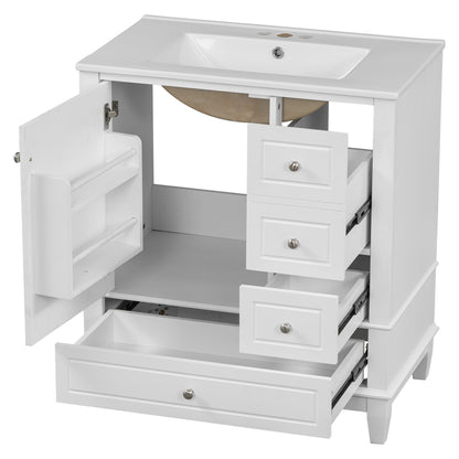 30" White Bathroom Vanity with Sink, 3 Drawers & Door Shelf