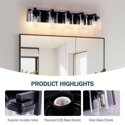 5-Light Matte Black Vanity Light with Clear Glass Shades - view 5