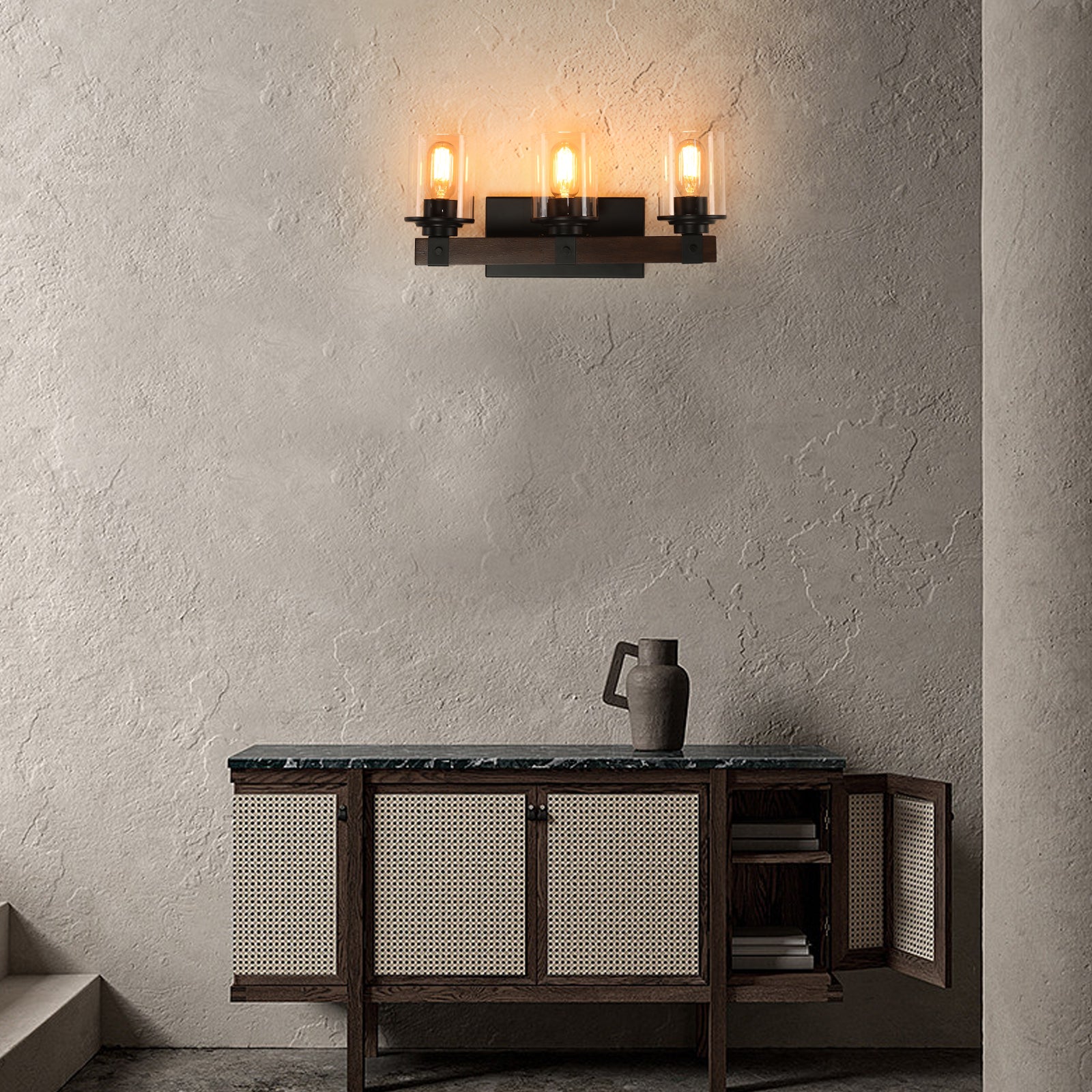 19" 3-Light Walnut Farmhouse Vanity Light with Glass Shades - view 7