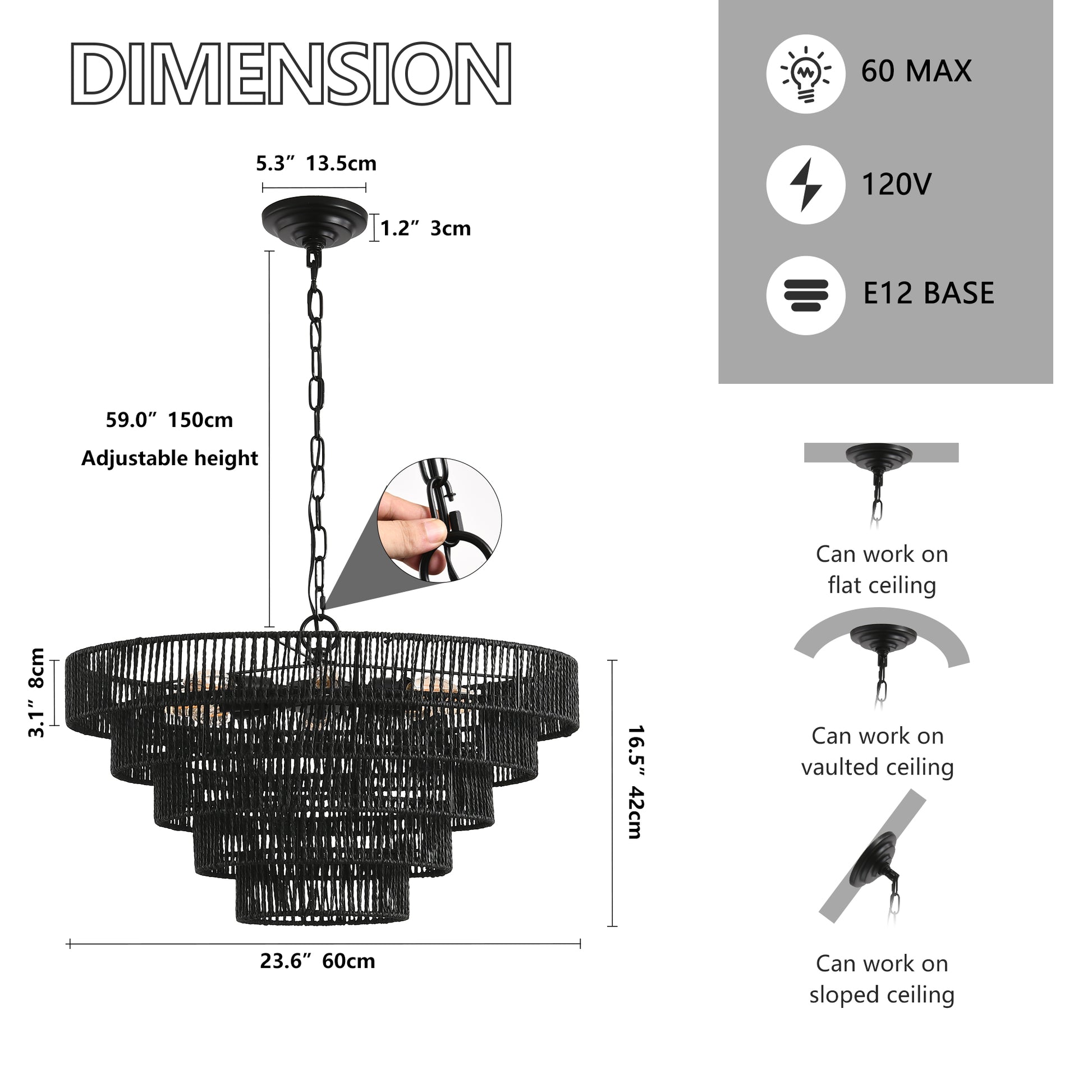 24" 5-Tier Black Hemp Rope Chandelier, 8-Light - view 7