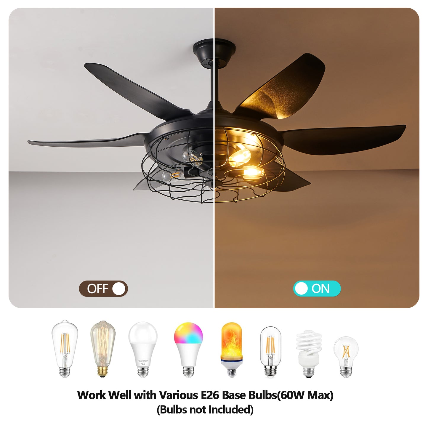 52" Black Industrial Caged Ceiling Fan with Light - view 5