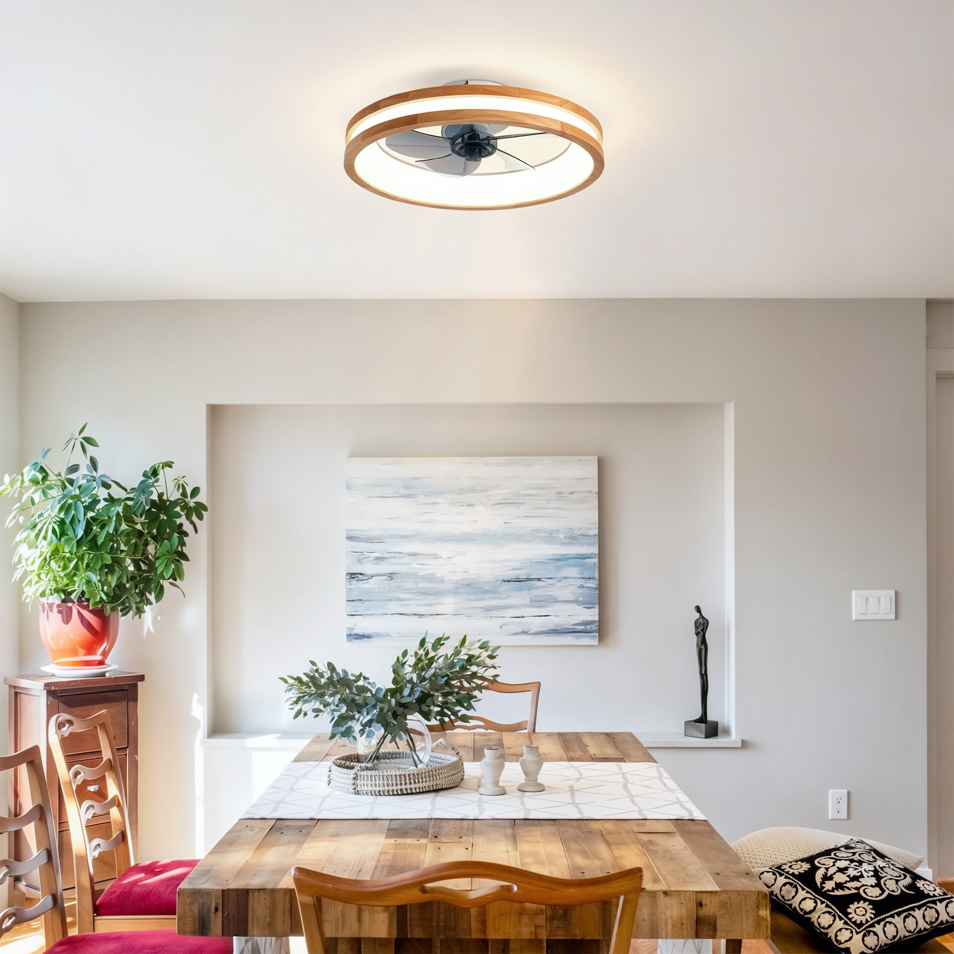Natural Wood & White Flush Mount Ceiling Fan with Dimmable LED - view 4
