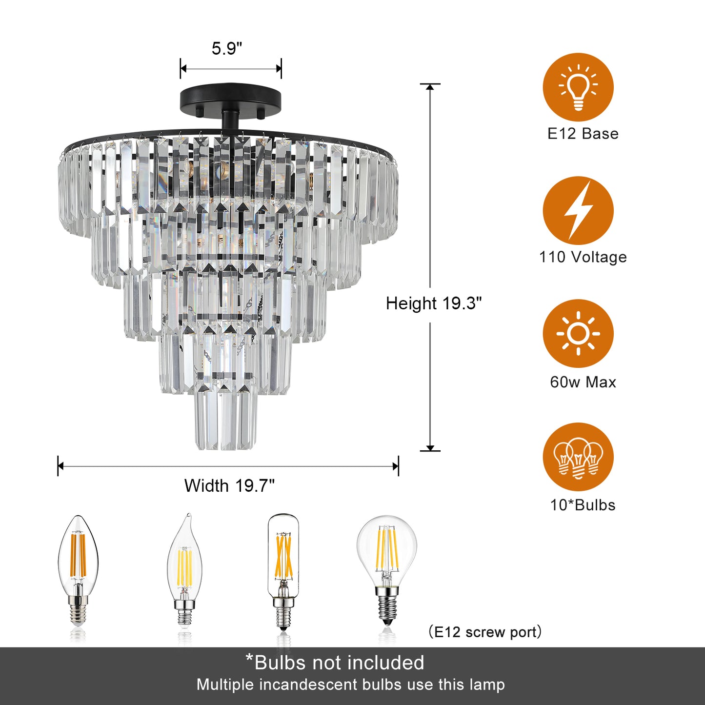 20" Black Crystal Flush Mount Chandelier, 10-Light - view 12