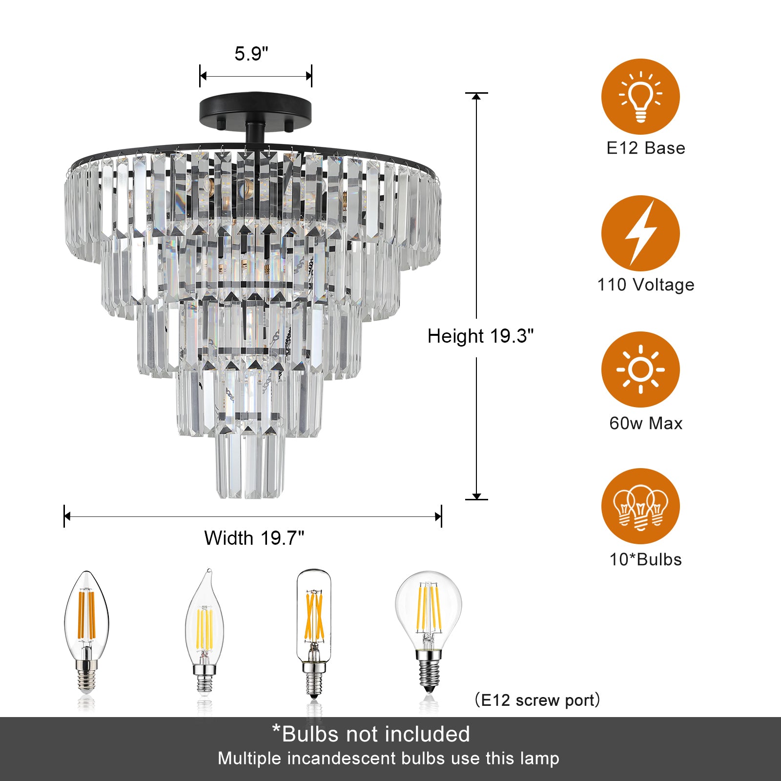 20" Black Crystal Flush Mount Chandelier, 10-Light - view 12
