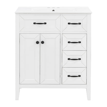 30" White Bathroom Vanity with Sink, 2 Doors & Black Handles