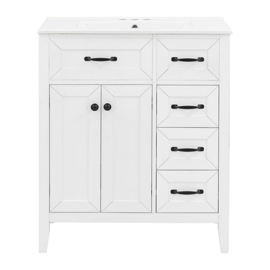 30" White Bathroom Vanity with Sink, 2 Doors & Black Handles