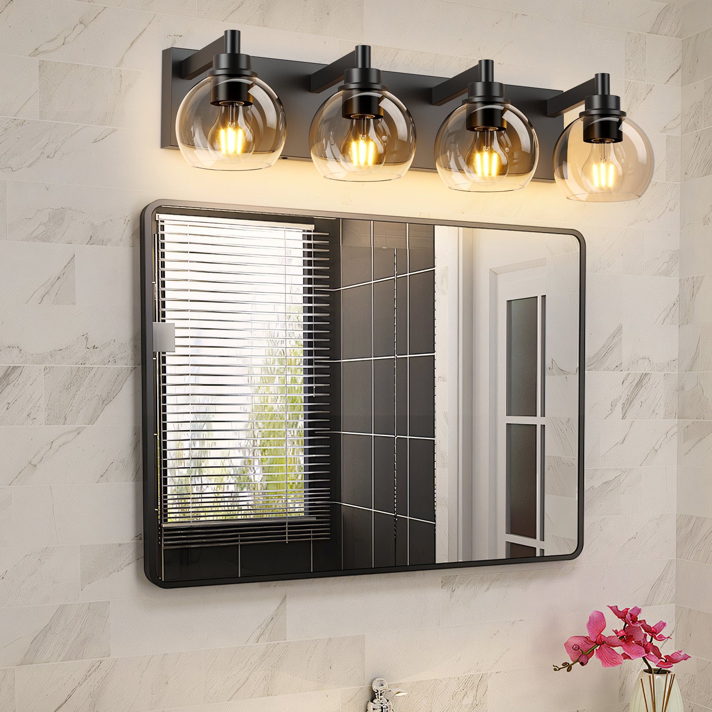 4-Light Matte Black Industrial Vanity Light with Globe Glass - view 2