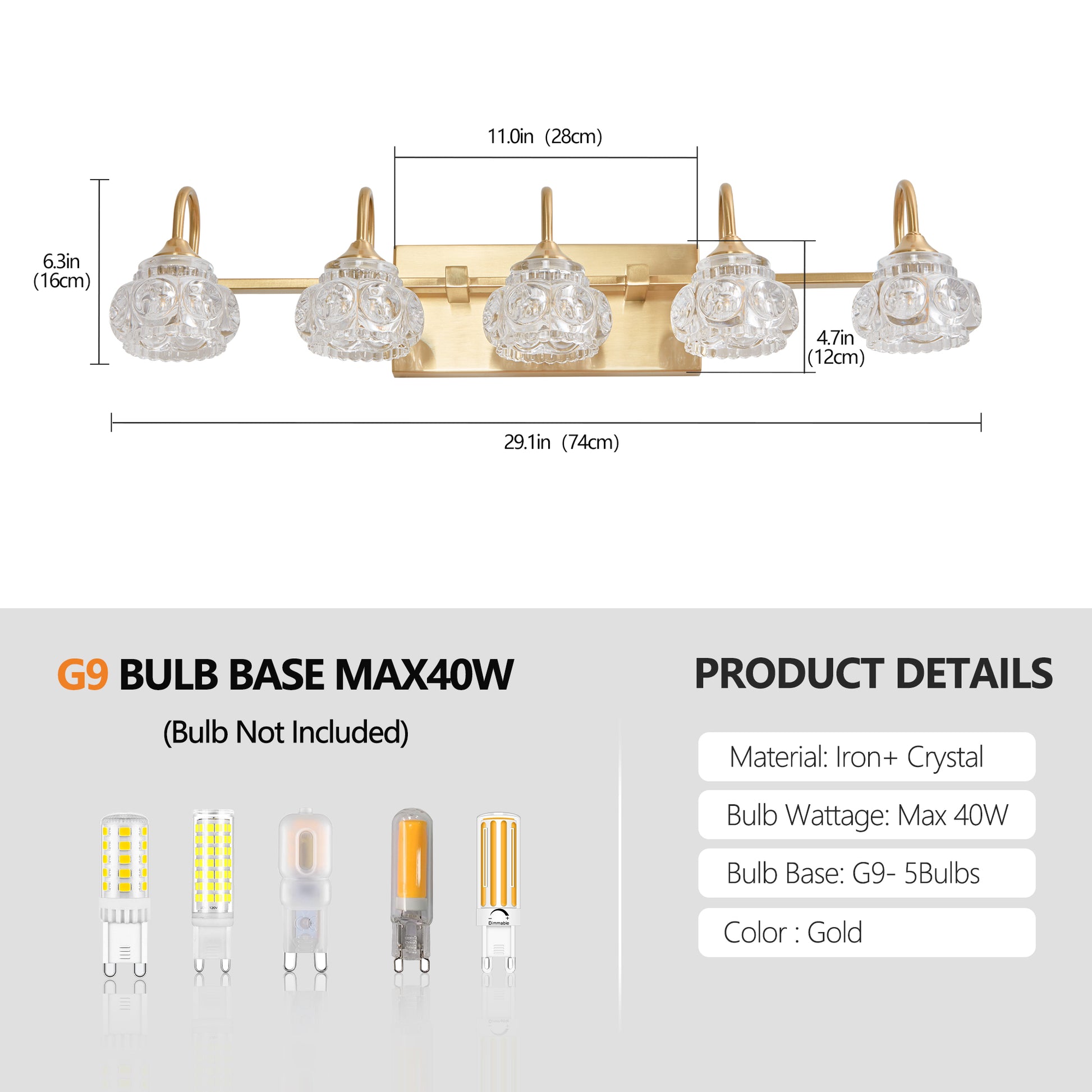 29" 5-Light Gold Crystal Vanity Wall Light - view 7