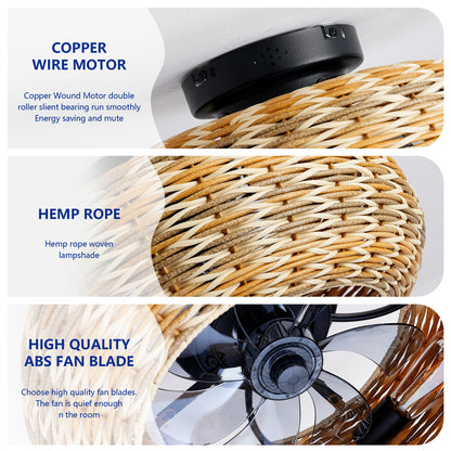 20" Rattan Caged Flush Mount Ceiling Fan with Remote - view 14